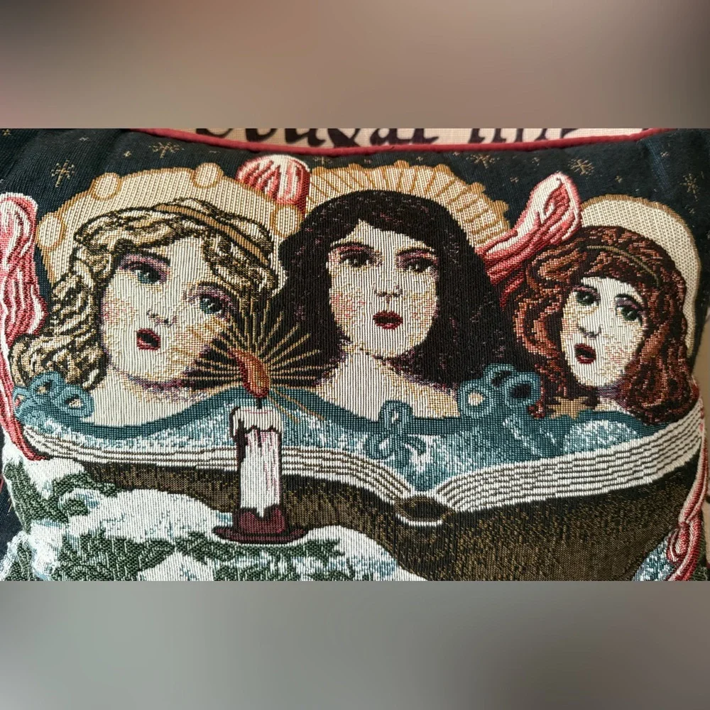 Festive Tapestry Pillow with Angelic Design Angels Decorative Holiday Candle